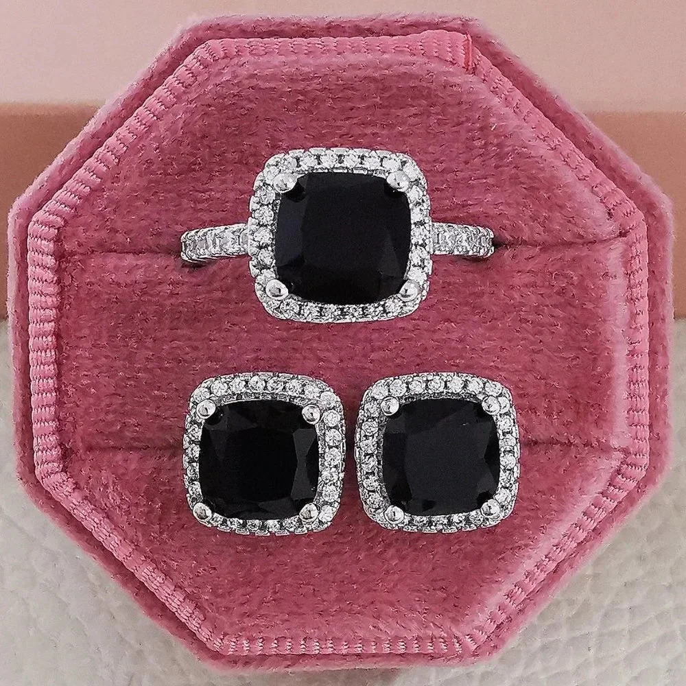 925 Sterling Silver Black Sapphire Diamond Cushion Cut Earring & Ring Set